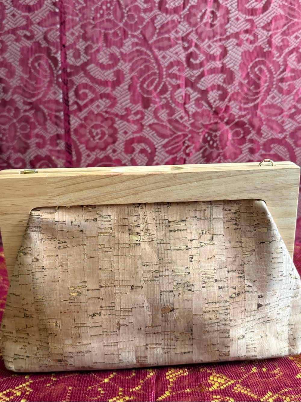 Vintage Cork & Wood Frame Clutch Bag Natural Boho Evening Purse